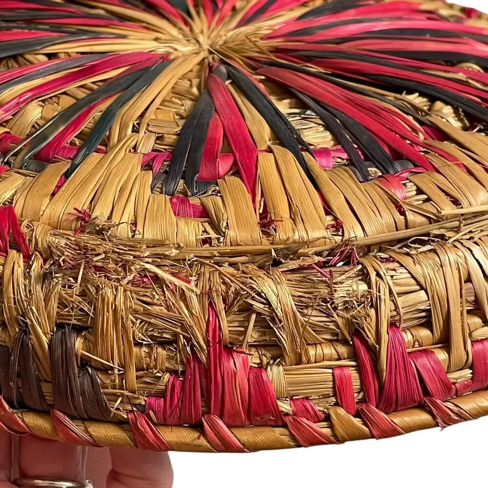 Vintage Woven Raffia Basket Boho Wall Hanging Straw Colorful Round FLAW READ